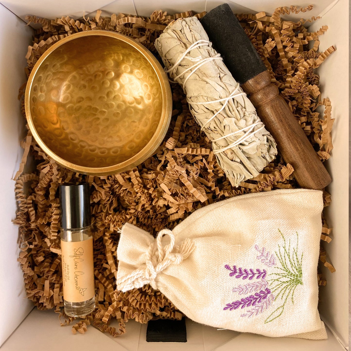 Meditation gift package, Zen room, Sage, Lavender Perfume roller, Singing bowl, stick, Lavender sachet bag (Eucalyptus Spearmint Roll on)