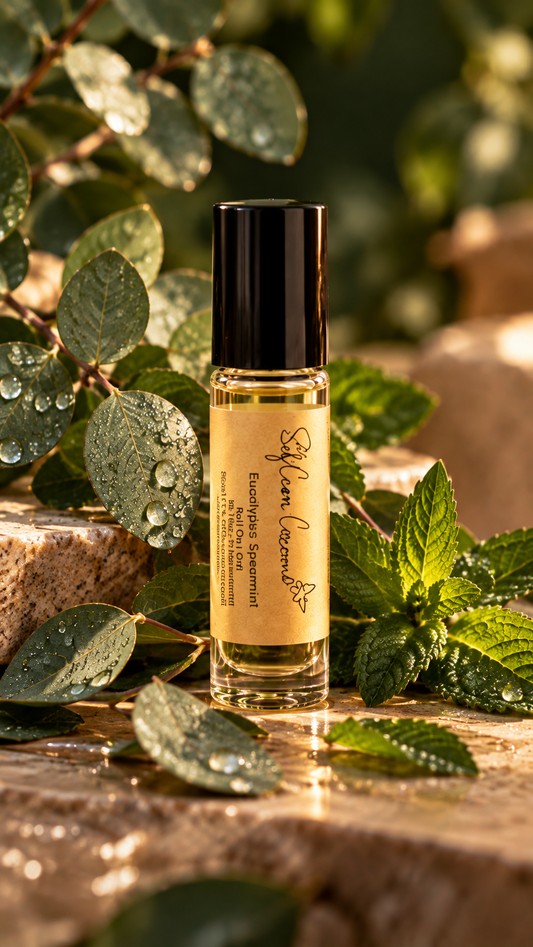 Eucalyptus Spearmint roll-on oil in botanical spa setting with eucalyptus and mint leaves
