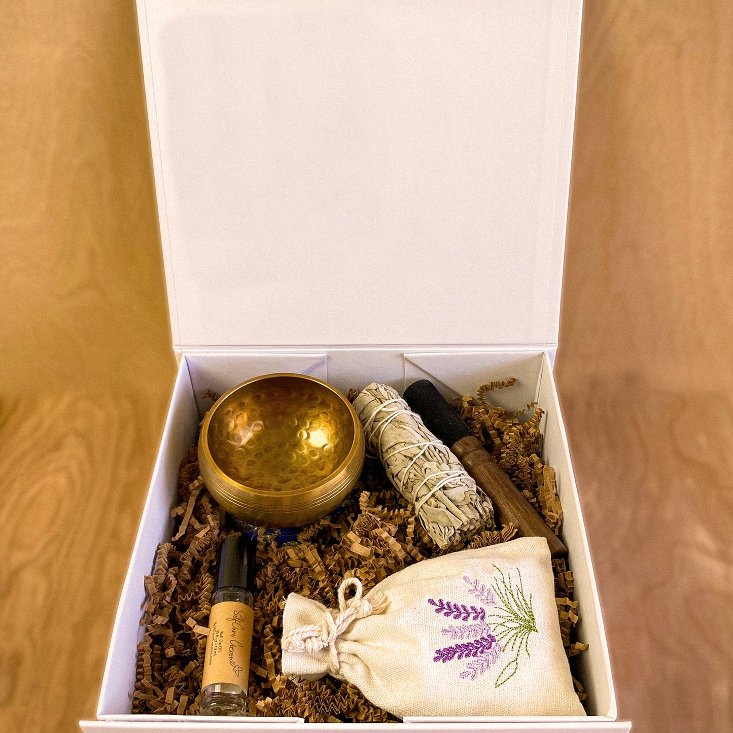 Meditation gift package, Zen room, Sage, Lavender Perfume roller, Singing bowl, stick, Lavender sachet bag (Eucalyptus Spearmint Roll on)